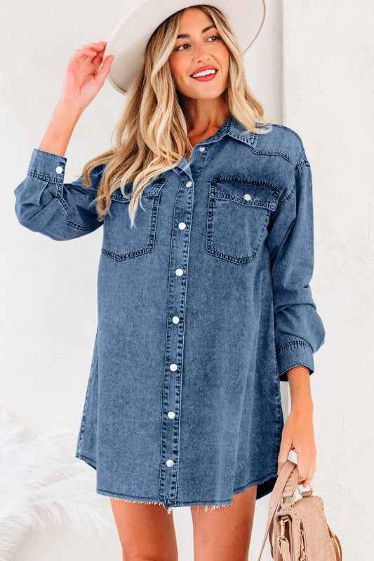 Solid Denim Chest Pocket Raw Hem Shirt Dress