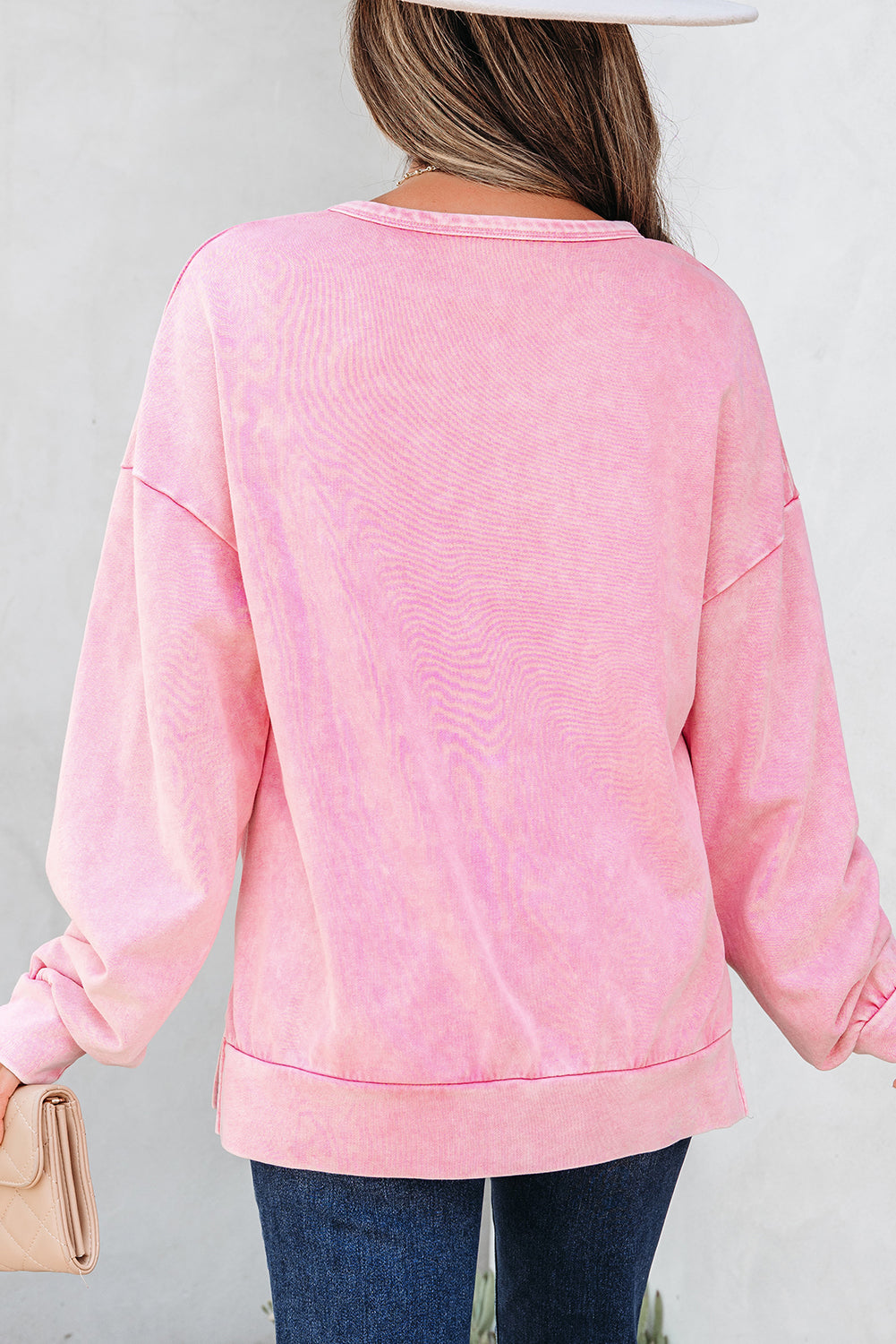 Bright Pink Mineral Wash Big Bow Patchwork Pullover Sweatshirt Dear-Lover Dropshipping