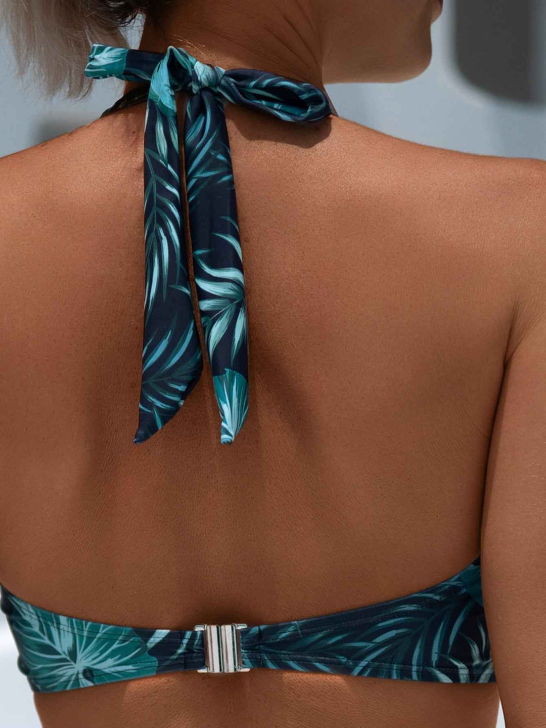 Women's Tropical Leaf 3-Piece Swimsuit, Halter Twist Front Bikini Top & Mesh Skirt Bottom, Modest Tankini Set