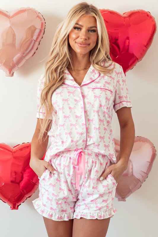 Bow Short Sleeve Top and Shorts Pajama Set