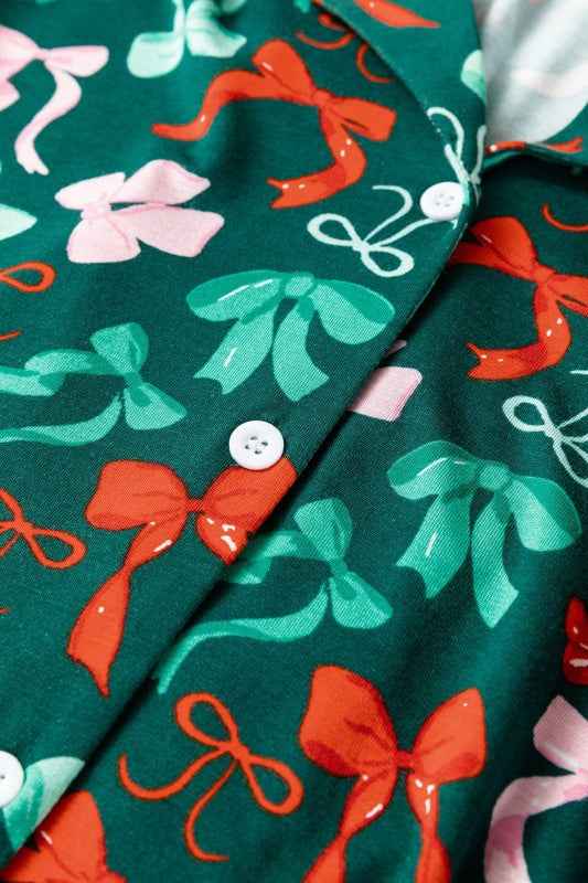 Bow Button-Up Top and Pants Pajama Set