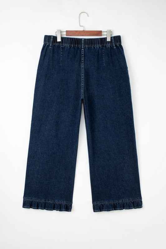 Plus Size Denim Elastic Waist Wide Leg Pants