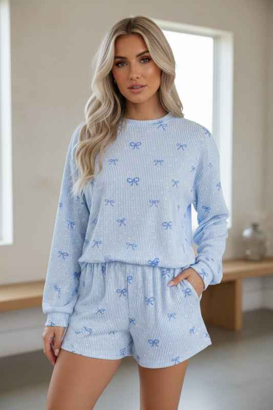 Polka Dot Bow Corded Knit Top and Shorts Set