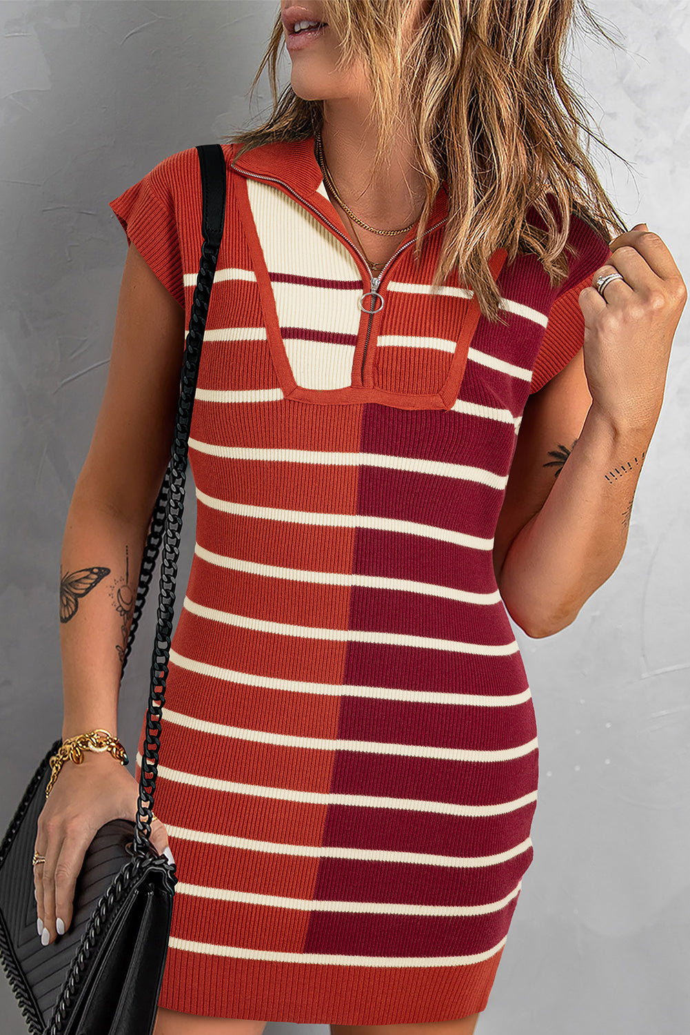 Brown Stripe Color Block Quarter Zip Collar Short Sleeve Sweater Dress Dear-Lover Dropshipping