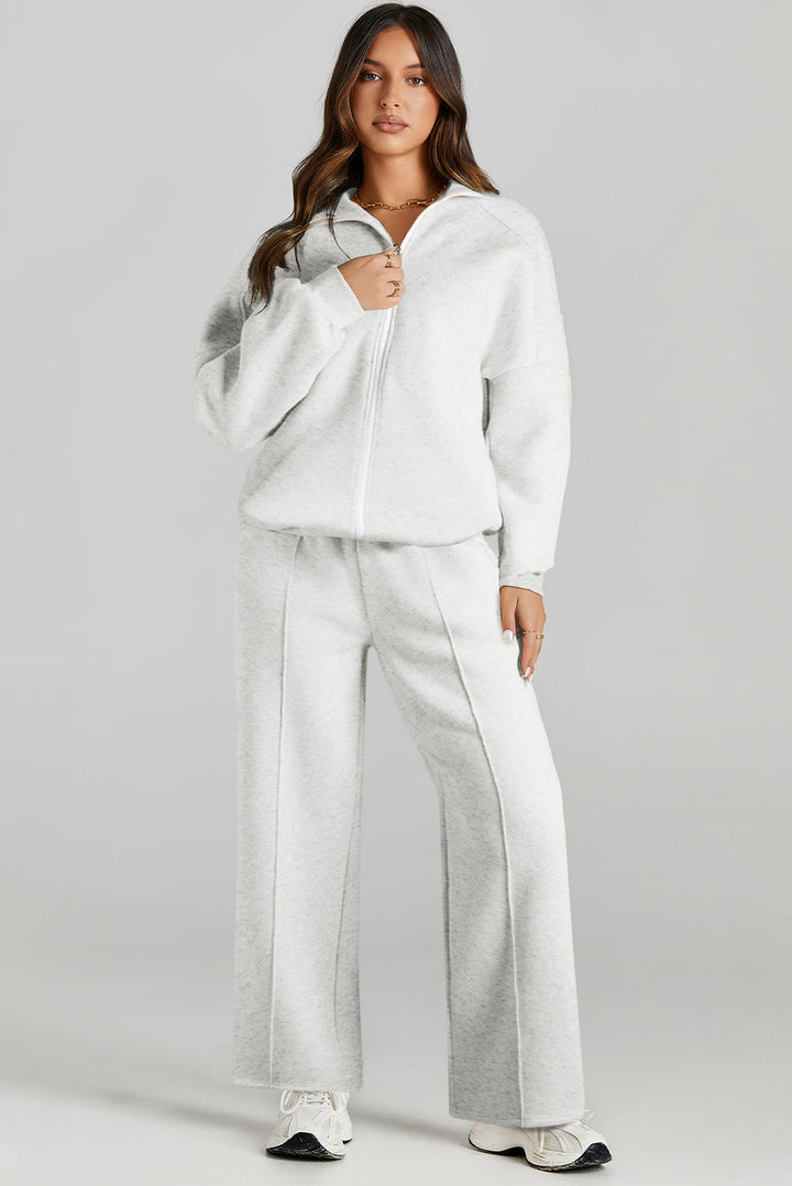 Light Grey Drop Shoulder Zip Up Jacket Drawstring Pants Active 2pcs Set Dear-Lover Dropshipping