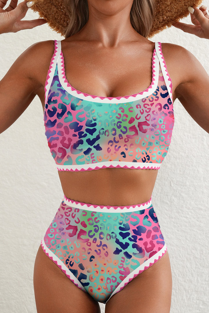 Pink Leopard Ricrac Trim Square Neck High Waist Bikinich Dear-Lover Dropshipping