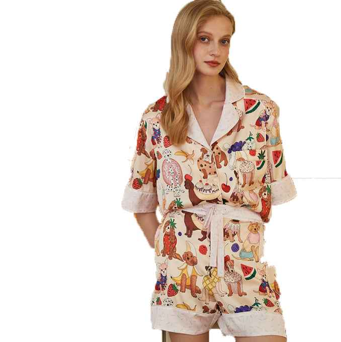 Pajamas for women summer short sleeved shorts ice silk suit sweet and cute cartoon home clothes eprolo