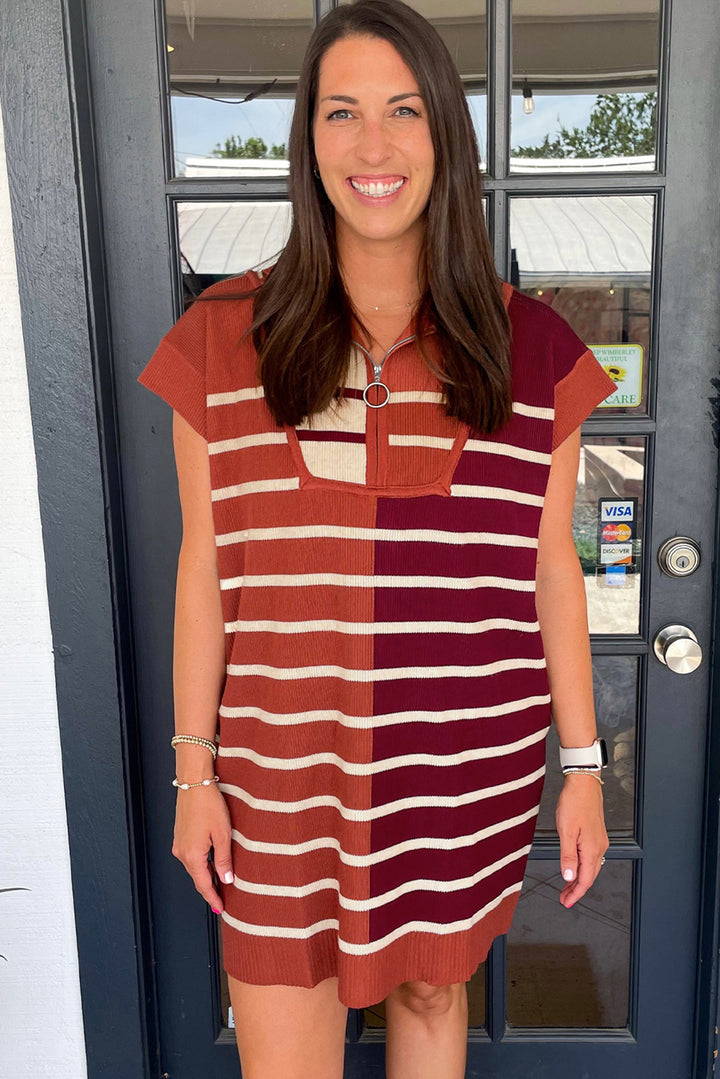 Brown Stripe Color Block Quarter Zip Collar Short Sleeve Sweater Dress Dear-Lover Dropshipping