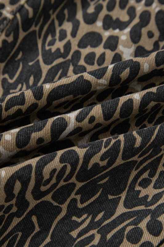 Leopard Contrast Scallop Lace Trim Denim Shorts