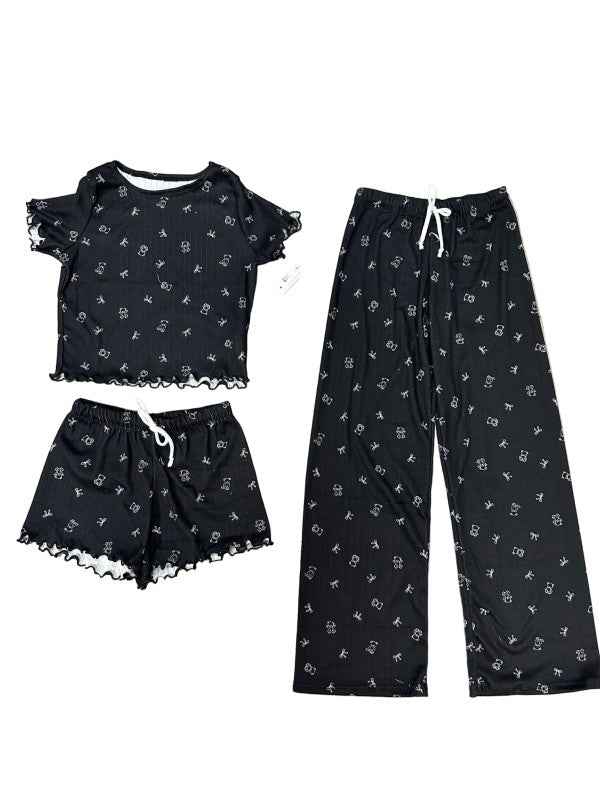 Girls Printed Lounge 3 Pc Short Sleeve Top Pants a