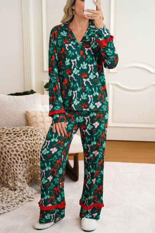 Bow Button-Up Top and Pants Pajama Set