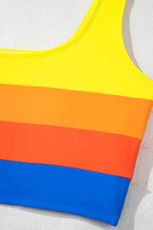Colorblock Square Neck Top & High Waist Bikini Set