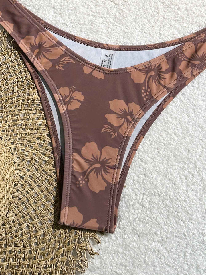 Women's Brown Hibiscus Floral Triangle Bikini Set, Tie-Side Halter Top & Cheeky Bottom, 2 Piece Tropical Swimsuit