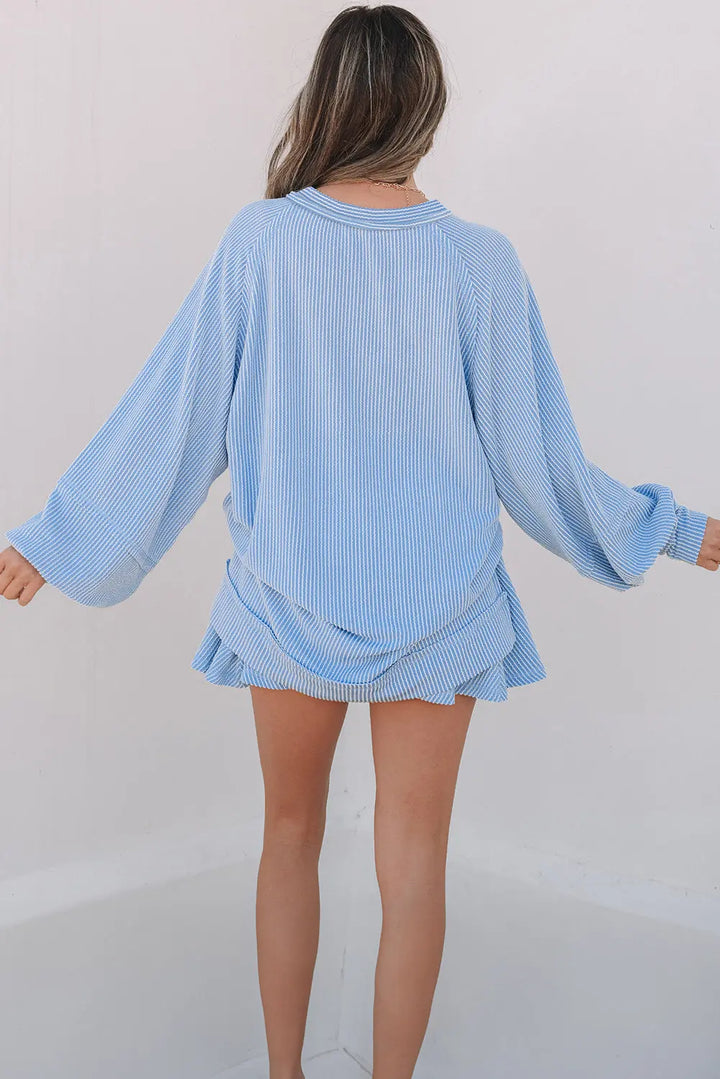 Sky Blue Corded Lantern Sleeve Top High Waist Ruffled Mini Skirt Set Dear-Lover Dropshipping