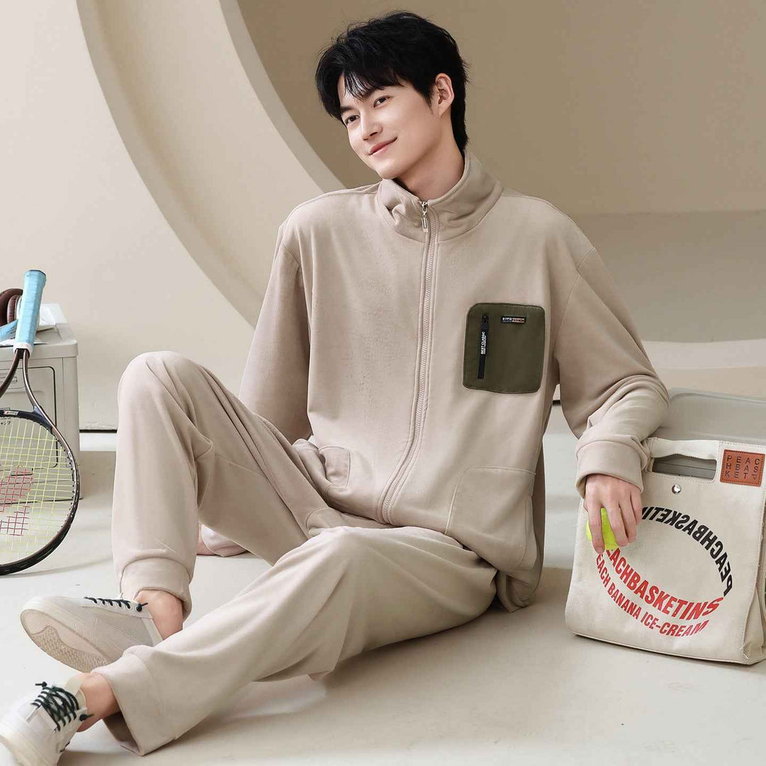 Men's thick and warm standing collar zipper home clothes in pajamas