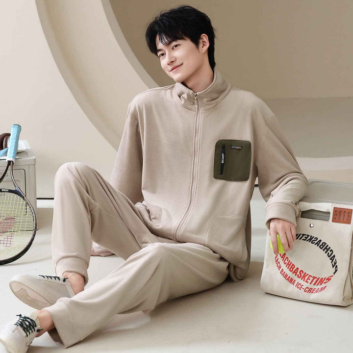 Men's thick and warm standing collar zipper home clothes in pajamas