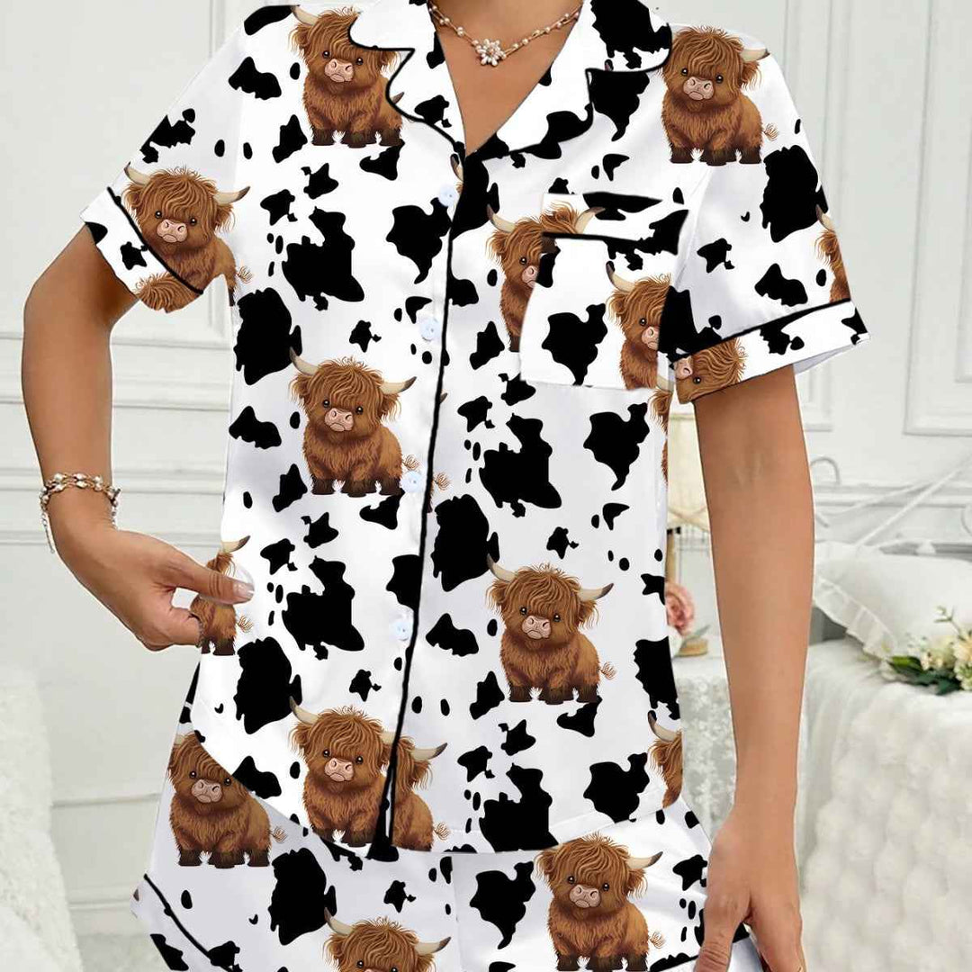 Brown Highlands Cow Flip Collar Loose Milk Silk Short Sleeve Shorts Women's Pajamas Loungewear