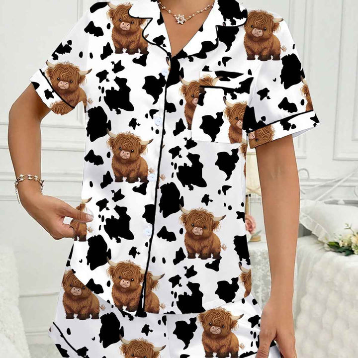 Brown Highlands Cow Flip Collar Loose Milk Silk Short Sleeve Shorts Women's Pajamas Loungewear