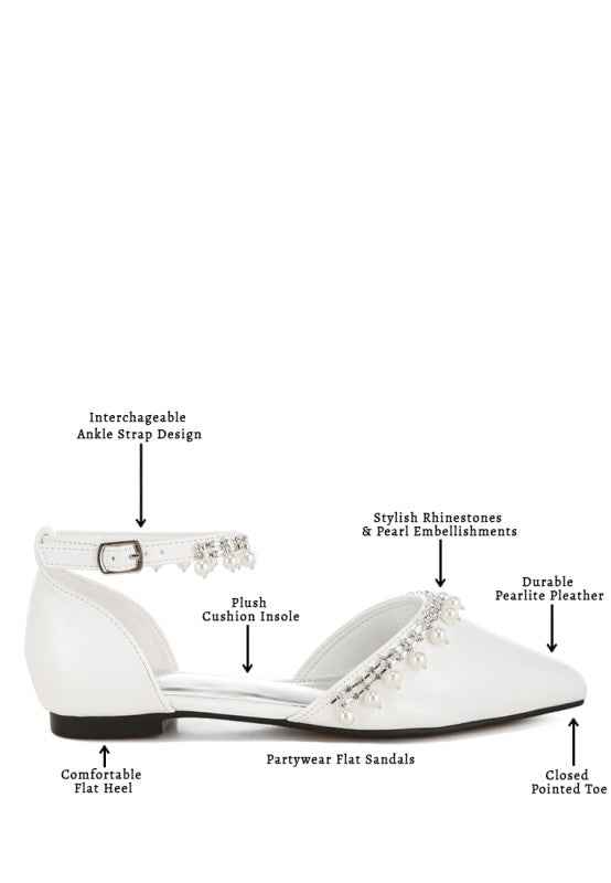 Aouva Rhinestone & Pearl Ankle Strap Flat Sandals