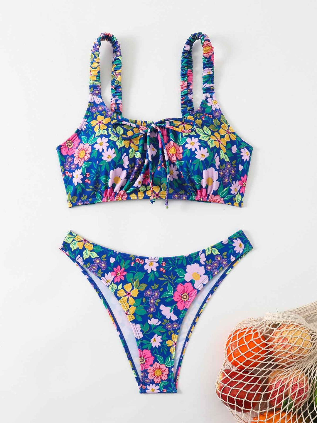Women's Floral Print Bralette Bikini Set, Ruched Shoulder Straps & Front Tie Top, High Cut Cheeky Bottom 2 Piece Swimsuit