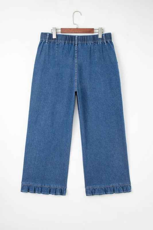 Plus Size Denim Elastic Waist Wide Leg Pants