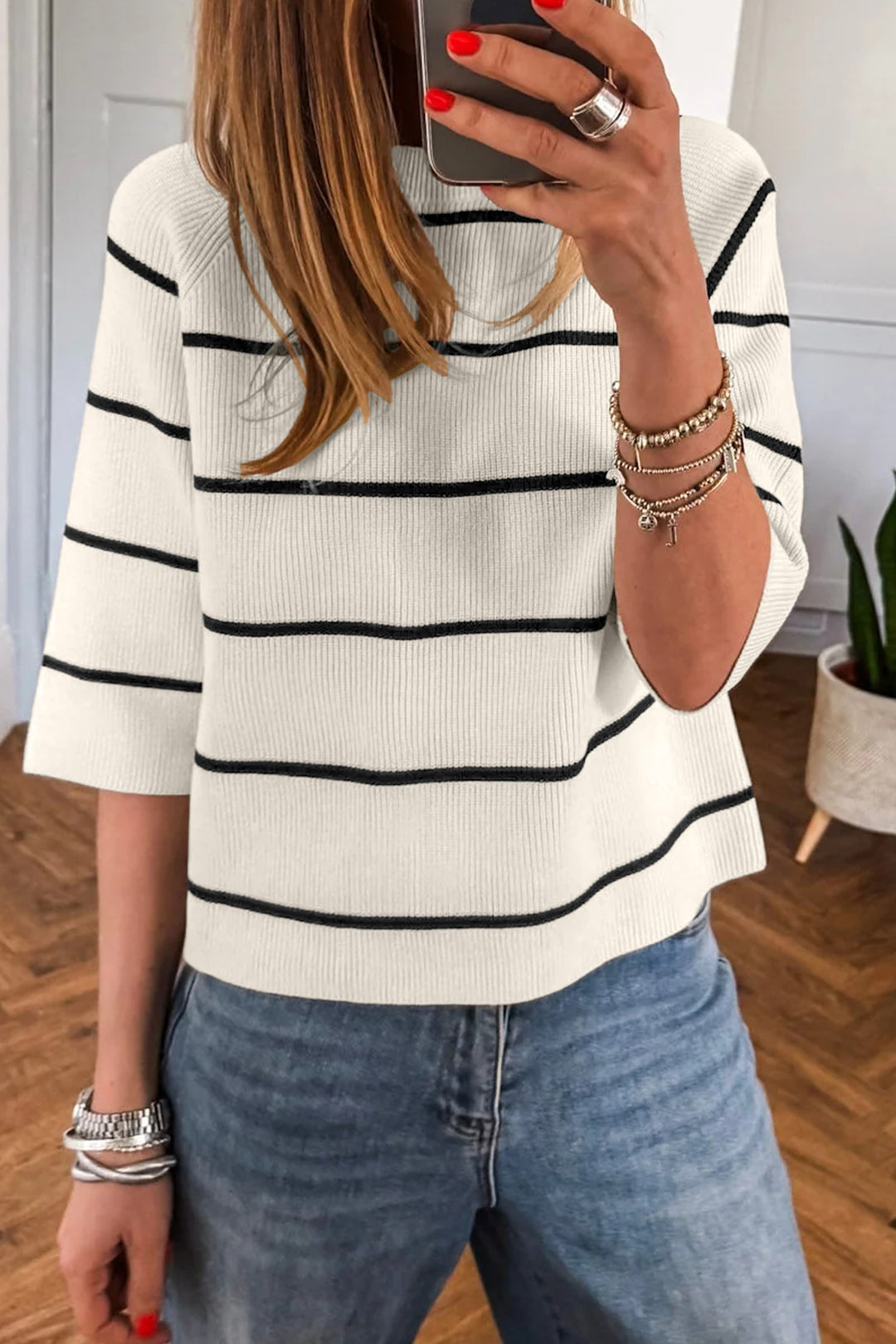 White Stripe Ribbed Knit Half Sleeve Loose Sweater Tee Dear-Lover Dropshipping