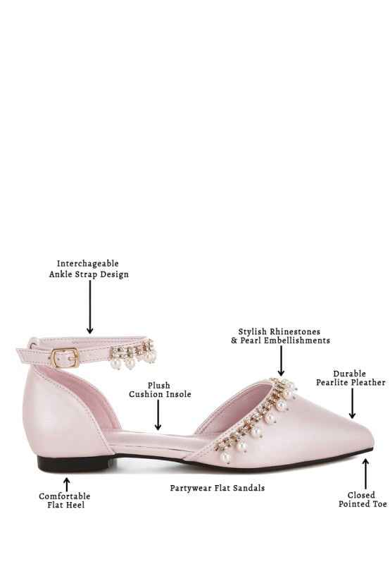 Aouva Rhinestone & Pearl Ankle Strap Flat Sandals