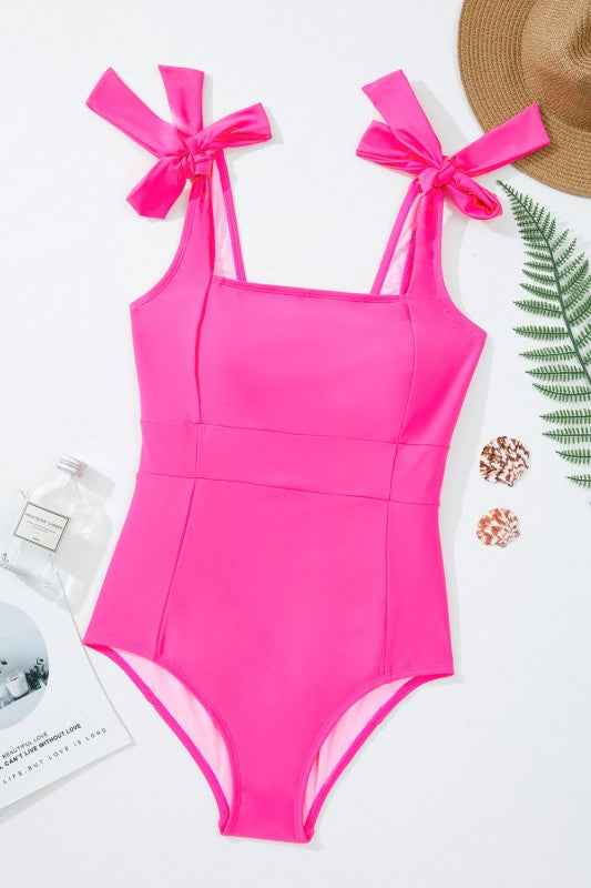 Solid Square Neck Tie Strap Open Back Swimsuit