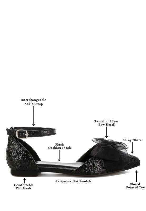 Clarice Sheer Bow Detail Glitter Flat Sandals
