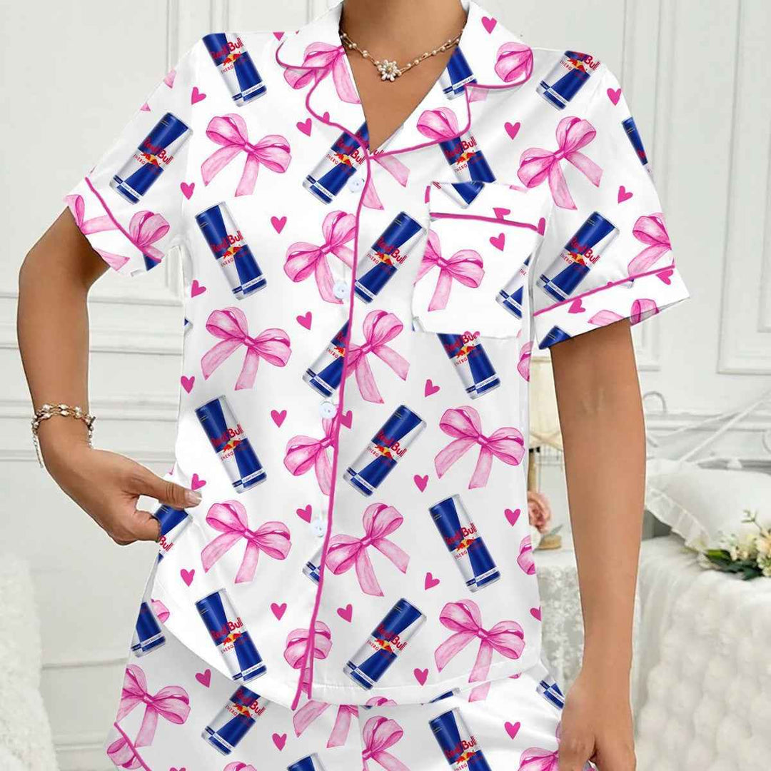 Fashionable Floral Blue Canister Bow Collar Short Sleeve Shorts Loose Sleepwear Women's Pajamas eprolo