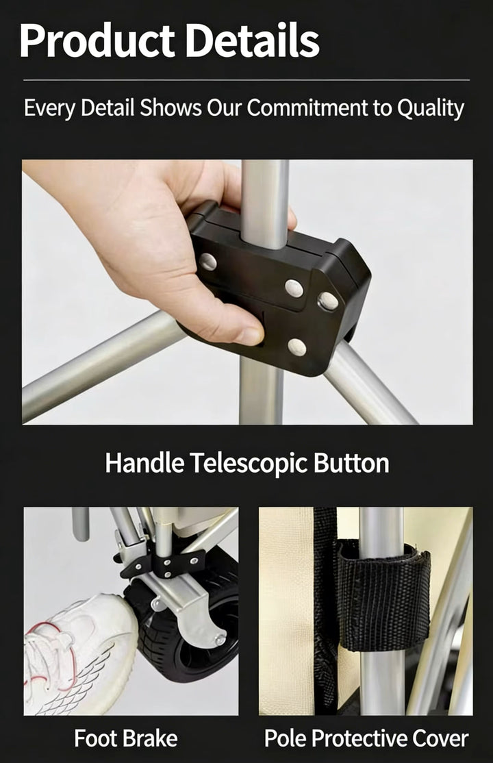 Product details graphic showing a hand holding a black telescopic button on a silver metal frame, with text reading &
