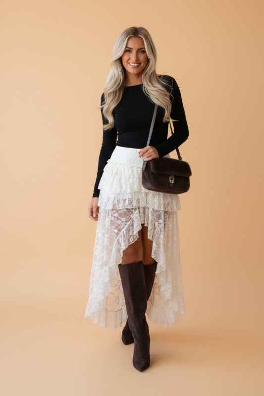 Sheer Lace Ruffle Tiered High-Low Skirt