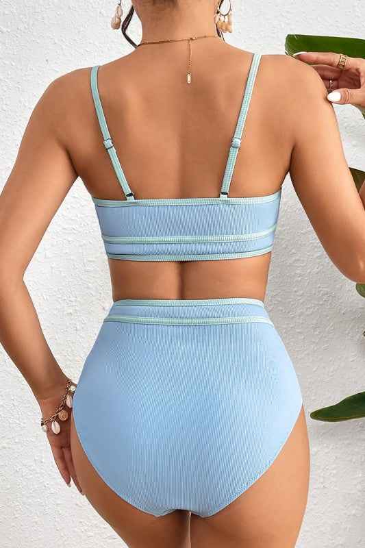Ribbed Contrast Trim Spaghetti Strap Bikini Set