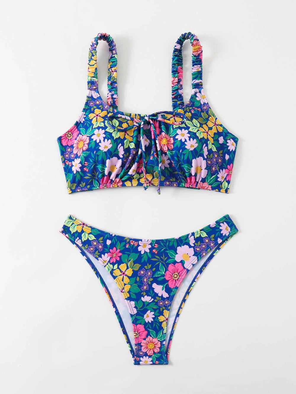 Women's Floral Print Bralette Bikini Set, Ruched Shoulder Straps & Front Tie Top, High Cut Cheeky Bottom 2 Piece Swimsuit