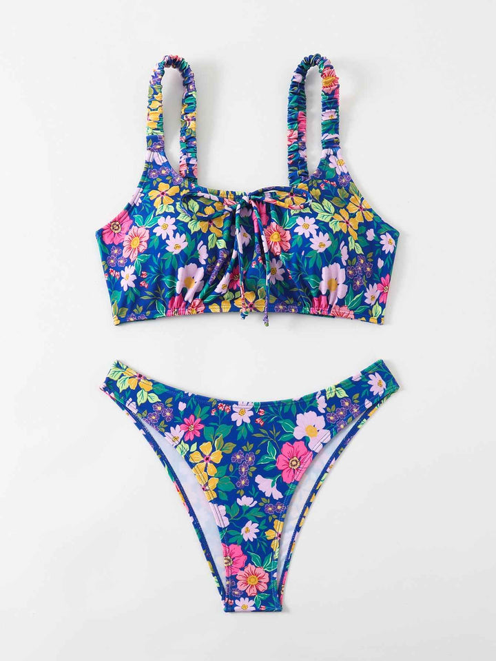 Women's Floral Print Bralette Bikini Set, Ruched Shoulder Straps & Front Tie Top, High Cut Cheeky Bottom 2 Piece Swimsuit