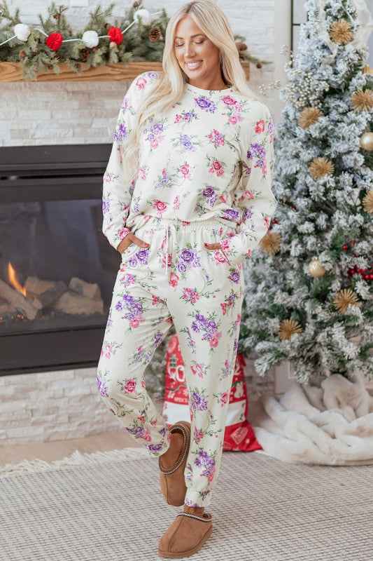 Floral Pullover and Drawstring Lounge Set