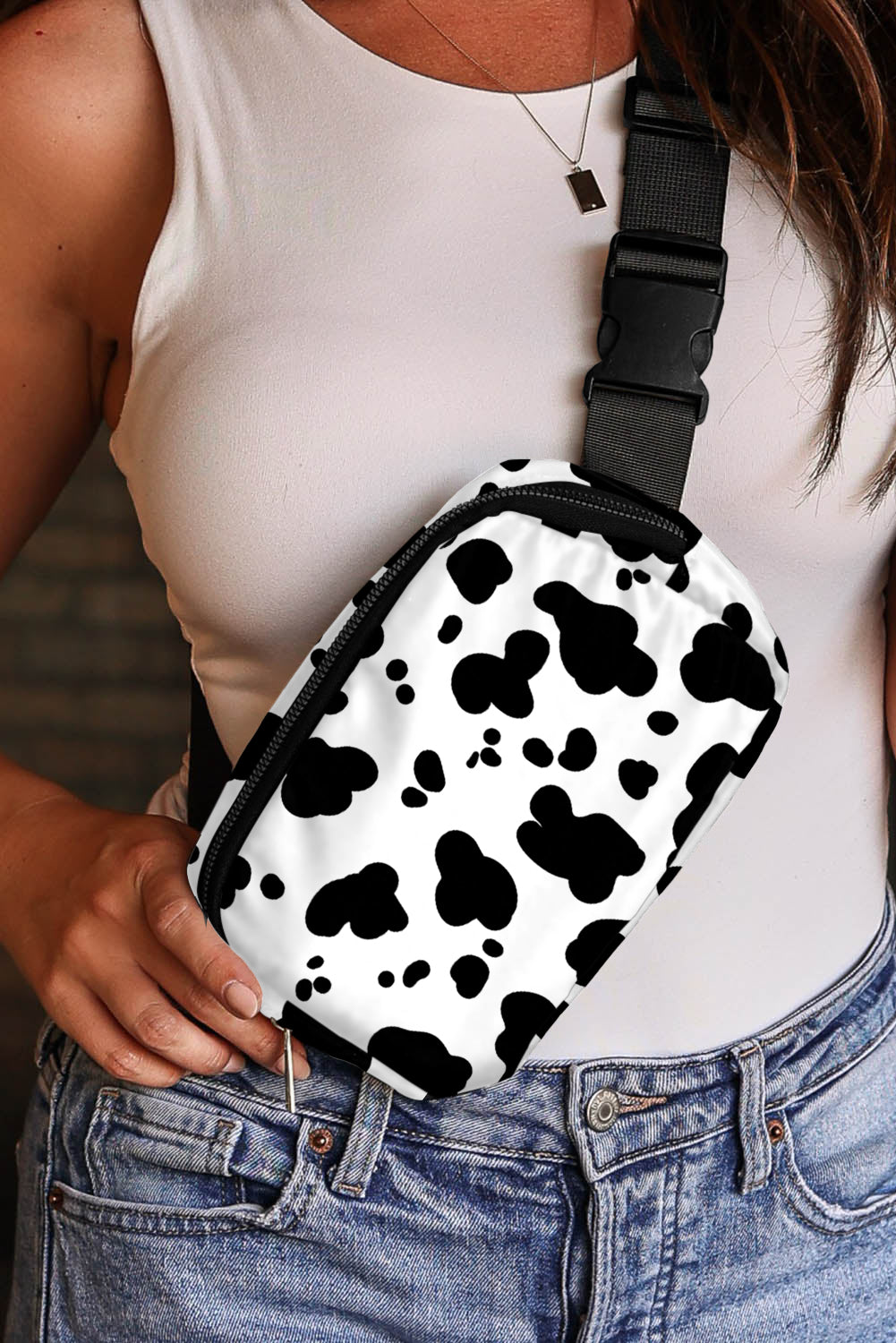 White Cow Pattern Print Buckle Wide Belt Inclined Shoulder Bag Dear-Lover Dropshipping