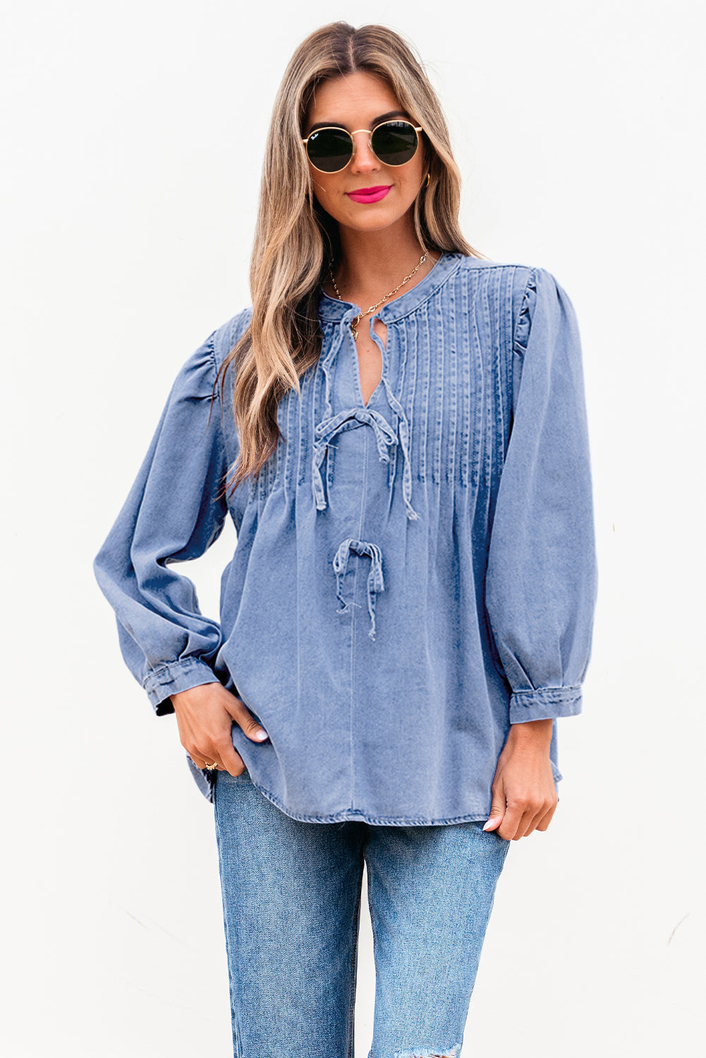 Myosotis Denim Front Pintuck Bow Tie Puff Sleeve Top Dear-Lover Dropshipping