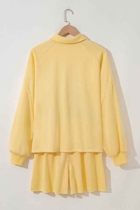 Solid Buttoned Collar Pullover & Shorts Set