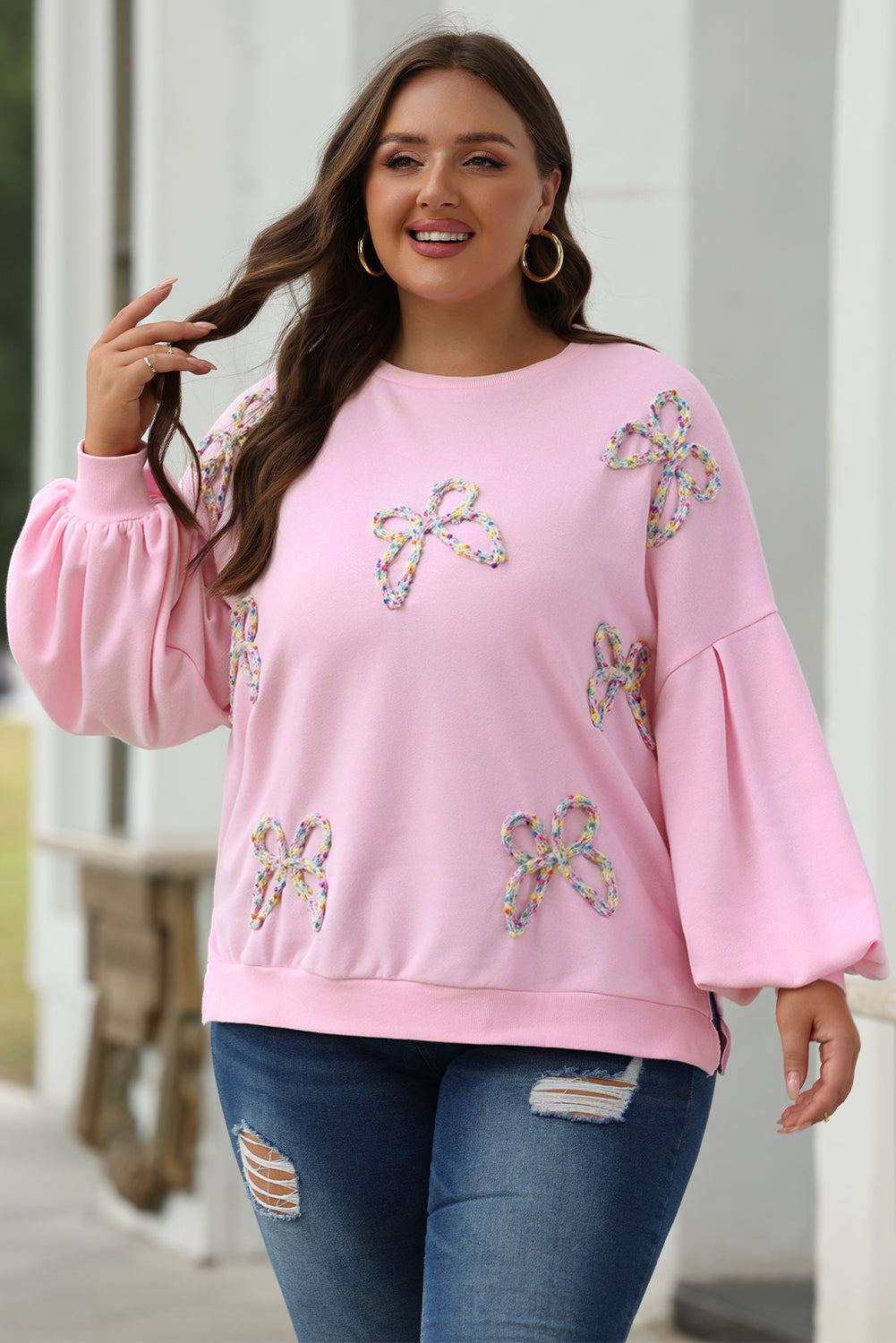 Light Pink Embroidered Bow Lantern Sleeve Oversized Pullover Sweatshirt Dear-Lover Dropshipping