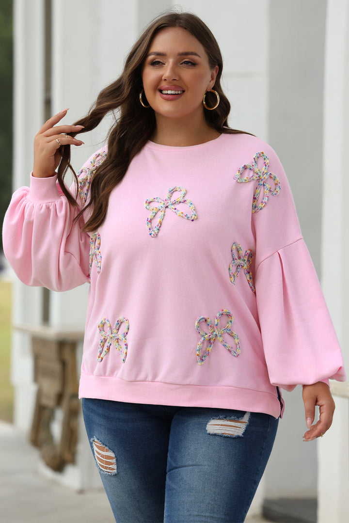 Light Pink Embroidered Bow Lantern Sleeve Oversized Pullover Sweatshirt Dear-Lover Dropshipping