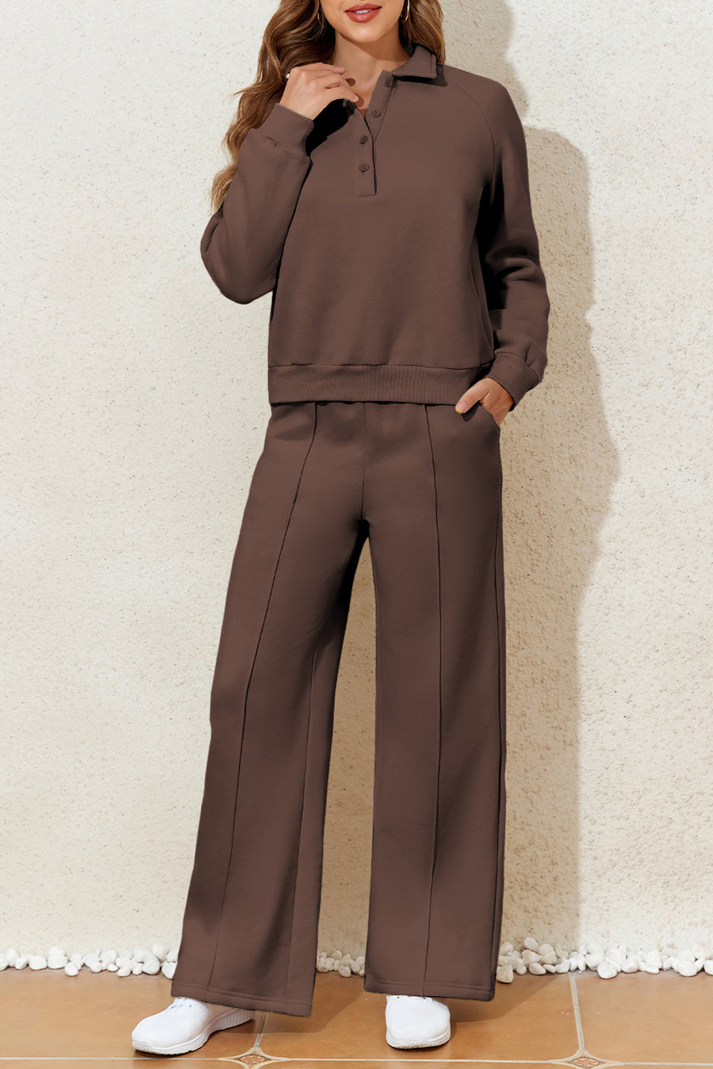 Dark Brown Solid Collared Sweatshirt and High Waist Pants Active Set Dear-Lover Dropshipping
