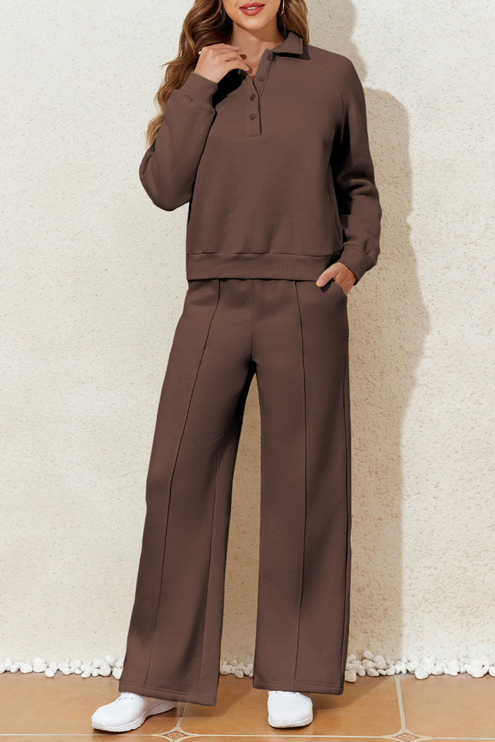 Dark Brown Solid Collared Sweatshirt and High Waist Pants Active Set Dear-Lover Dropshipping