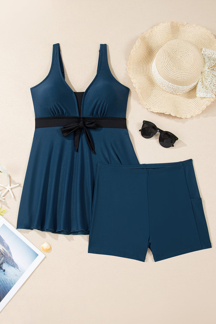 Sail Blue Color Block Patchwork Bow Knot Detail Sleeveless Swim Dress Dear-Lover Dropshipping