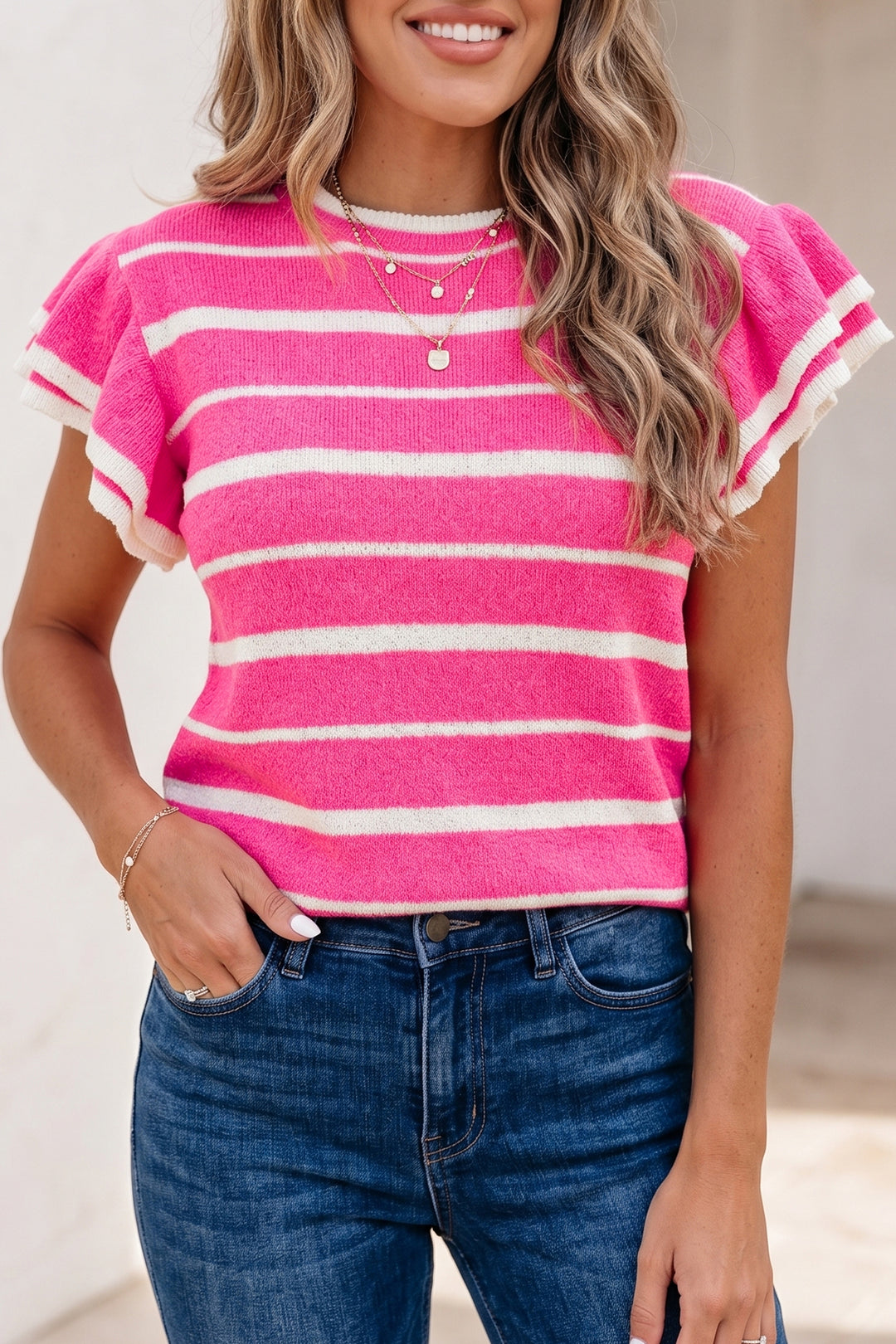 Rose Stripe Double Ruffle Short Sleeve Lightweight Knit Sweater Dear-Lover Dropshipping