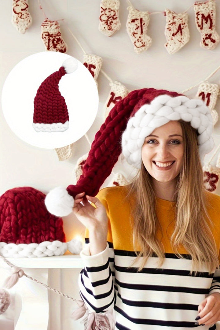 Dearlove Red Dahlia Color Block Pom Pom Decor Chunky Knitted Christmas Hat Dear-Lover Dropshipping