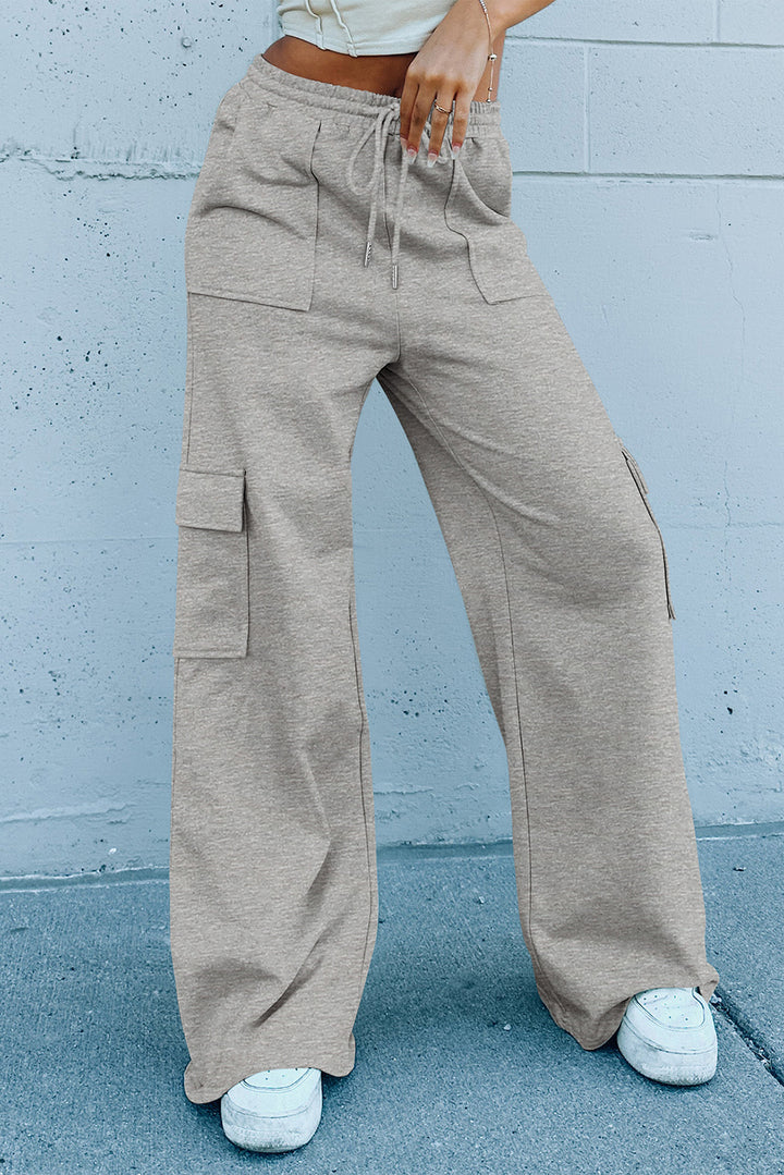 Light Grey Multi Pockets Lace-up High Waist Wide Leg Workout Pants Dear-Lover Dropshipping