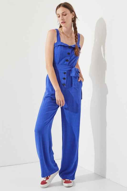 SLEEVELESS ADJUSTABLE STRAP BUTTON DOWN JUMPSUIT