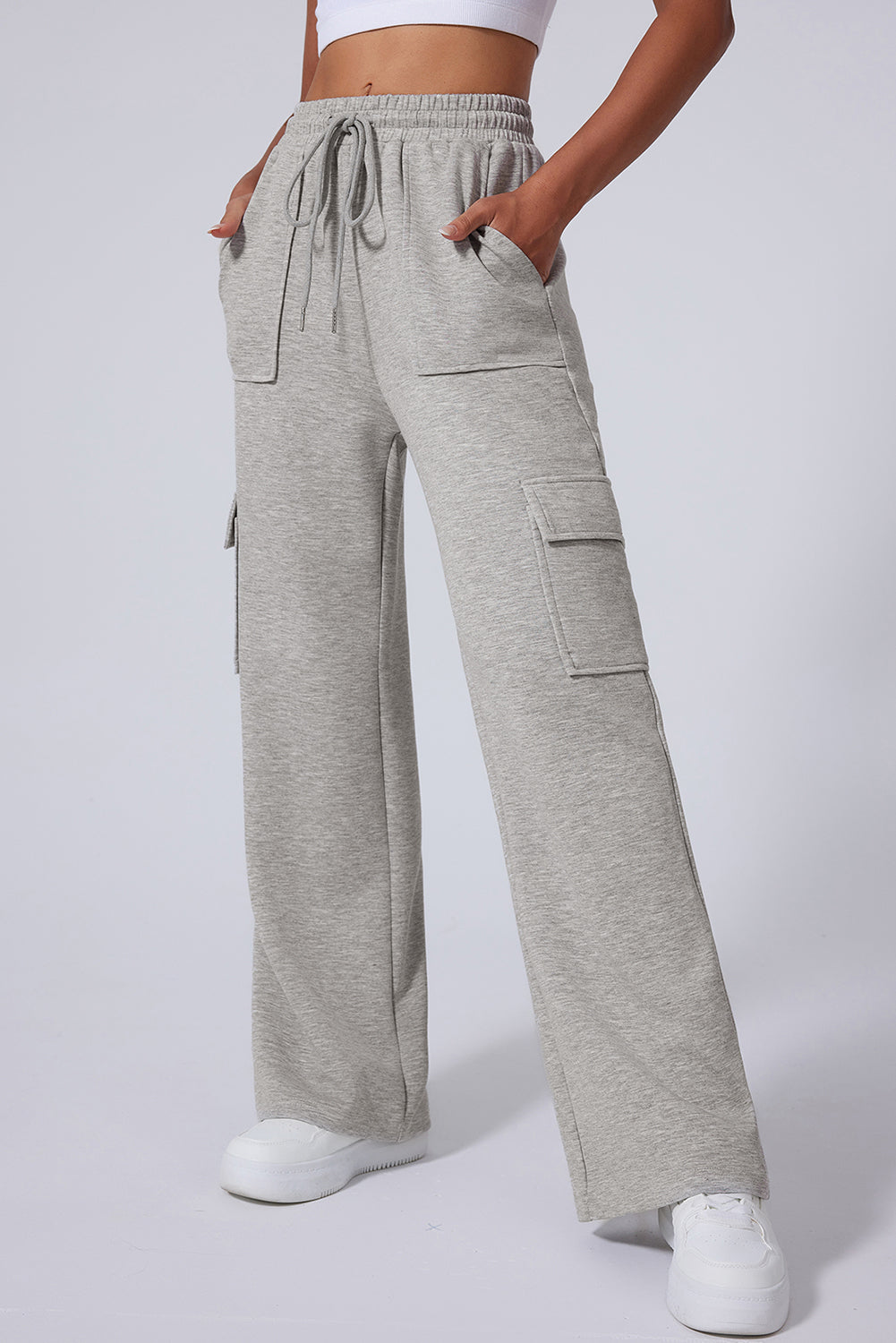 Light Grey Multi Pockets Lace-up High Waist Wide Leg Workout Pants Dear-Lover Dropshipping