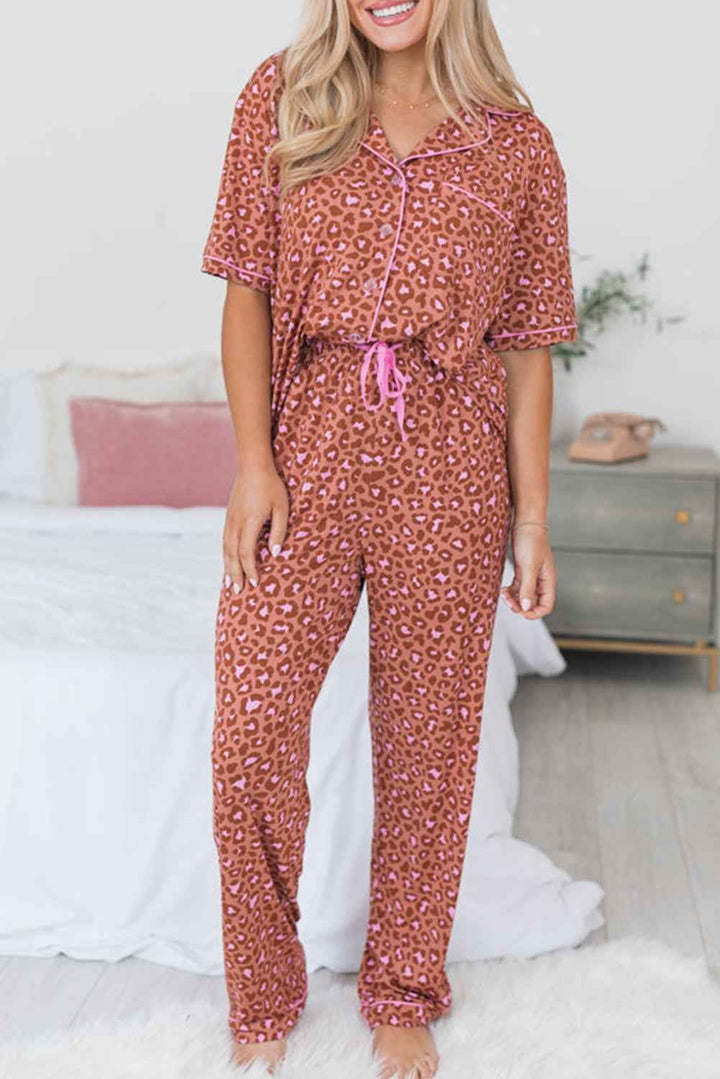 Brown Leopard Print Short Sleeve Shirt and Pants Pajamas Set Dear-Lover Dropshipping